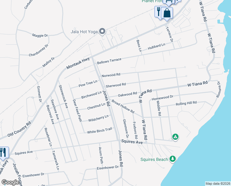 map of restaurants, bars, coffee shops, grocery stores, and more near 18 Oakwood Road in Hampton Bays