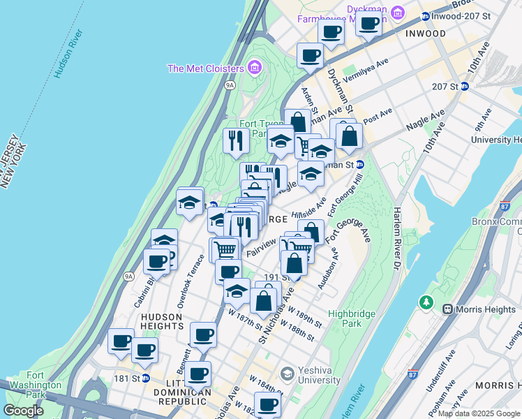 map of restaurants, bars, coffee shops, grocery stores, and more near 4530 Broadway in New York