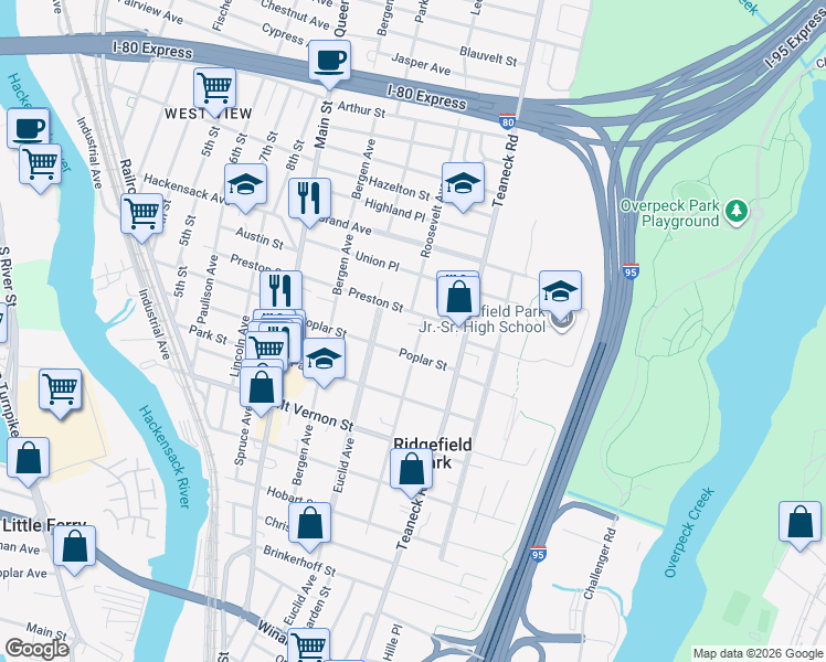 map of restaurants, bars, coffee shops, grocery stores, and more near 153 Hudson Avenue in Ridgefield Park