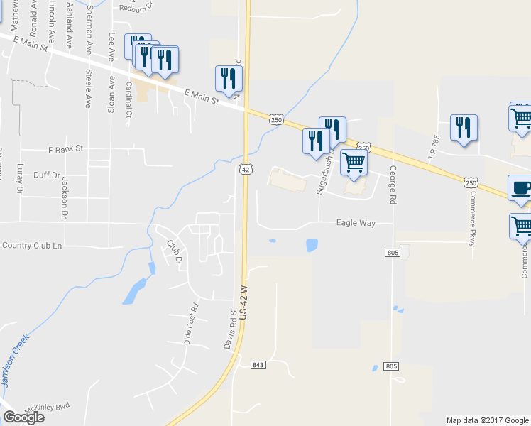 map of restaurants, bars, coffee shops, grocery stores, and more near 1157 Eagle Way in Ashland