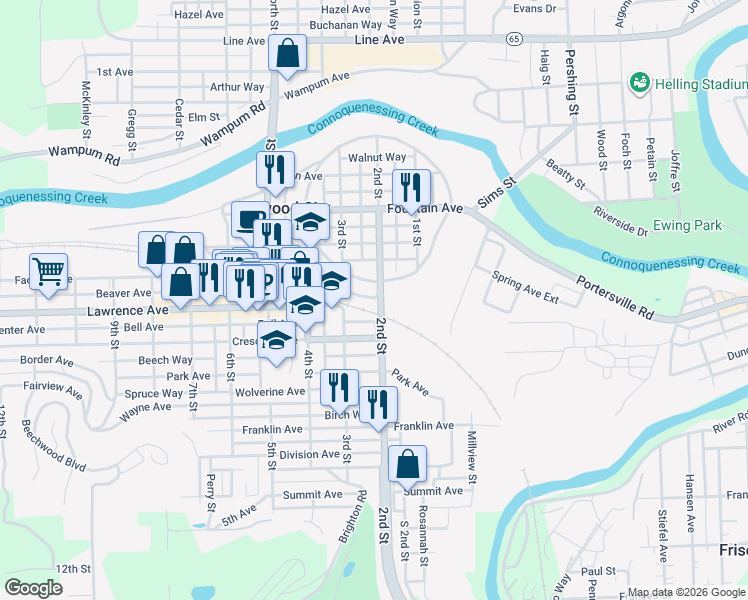 map of restaurants, bars, coffee shops, grocery stores, and more near 201 Circle Way in Ellwood City