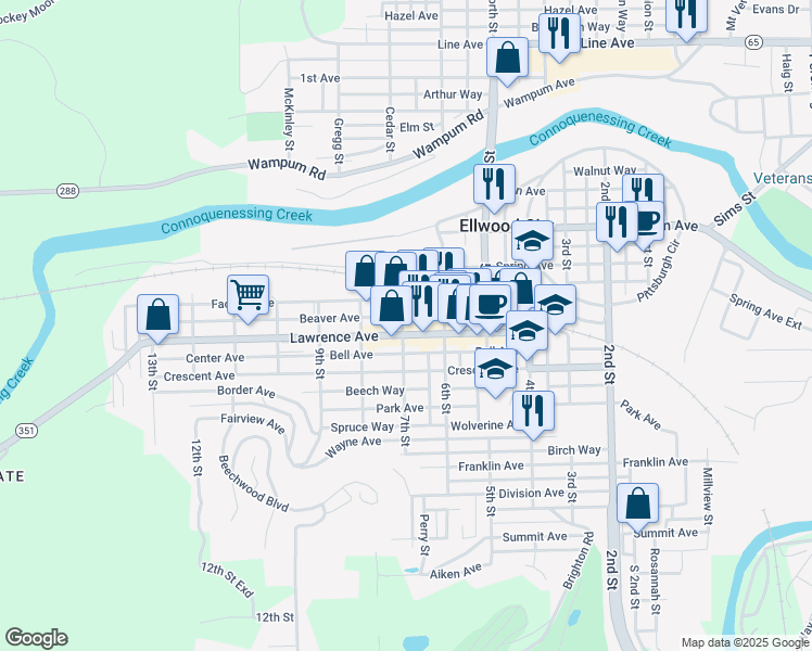 map of restaurants, bars, coffee shops, grocery stores, and more near 632 Lawrence Ave in Ellwood City