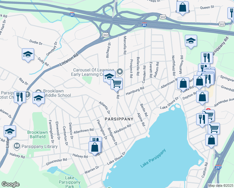 map of restaurants, bars, coffee shops, grocery stores, and more near 171 Kingston Road in Parsippany-Troy Hills