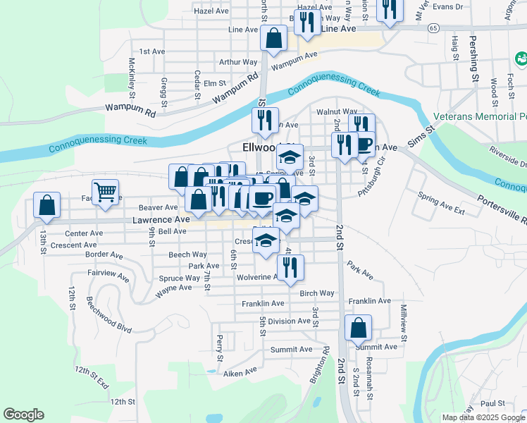 map of restaurants, bars, coffee shops, grocery stores, and more near 434 Lawrence Avenue in Ellwood City