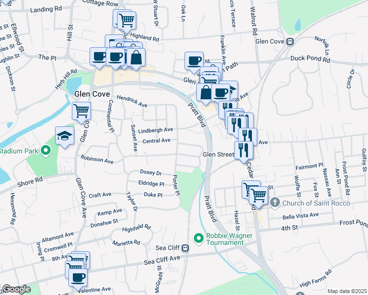 map of restaurants, bars, coffee shops, grocery stores, and more near 19 Porter Place in Glen Cove