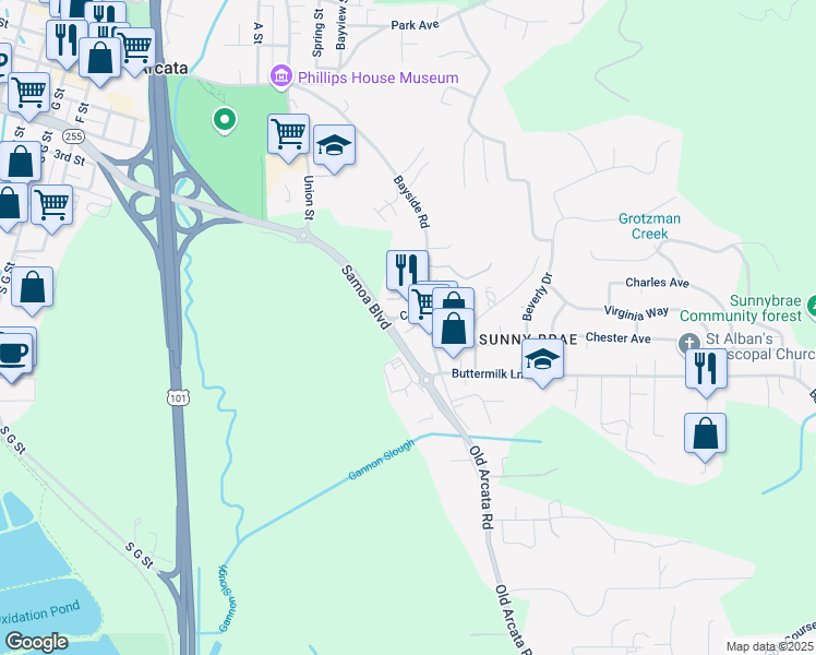 map of restaurants, bars, coffee shops, grocery stores, and more near 801 Crescent Way in Arcata