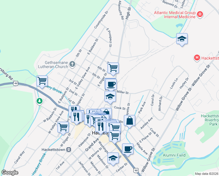 map of restaurants, bars, coffee shops, grocery stores, and more near 100 4th Street in Hackettstown