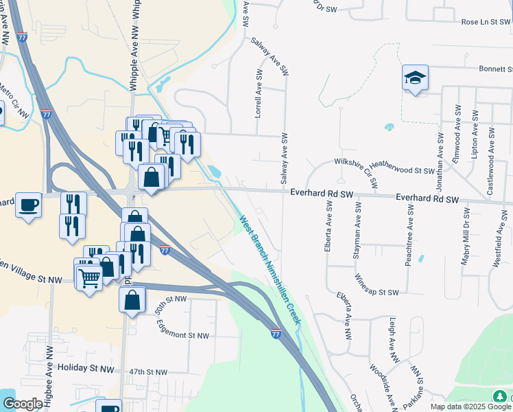 map of restaurants, bars, coffee shops, grocery stores, and more near 800 Everhard Road Southwest in Canton
