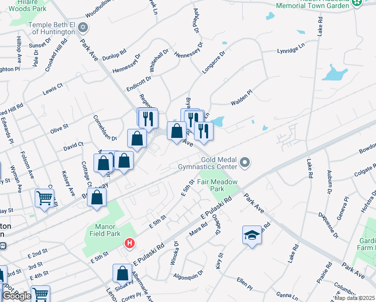map of restaurants, bars, coffee shops, grocery stores, and more near 777 Park Avenue in Huntington