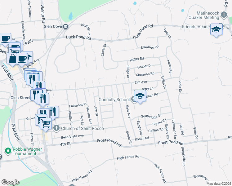 map of restaurants, bars, coffee shops, grocery stores, and more near 14 Smith Street in Glen Cove