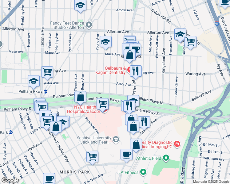 map of restaurants, bars, coffee shops, grocery stores, and more near 1435 Pelham Parkway North in Bronx