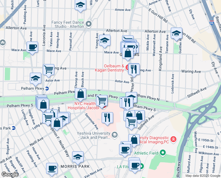 map of restaurants, bars, coffee shops, grocery stores, and more near 1400 Pelham Parkway North in Bronx
