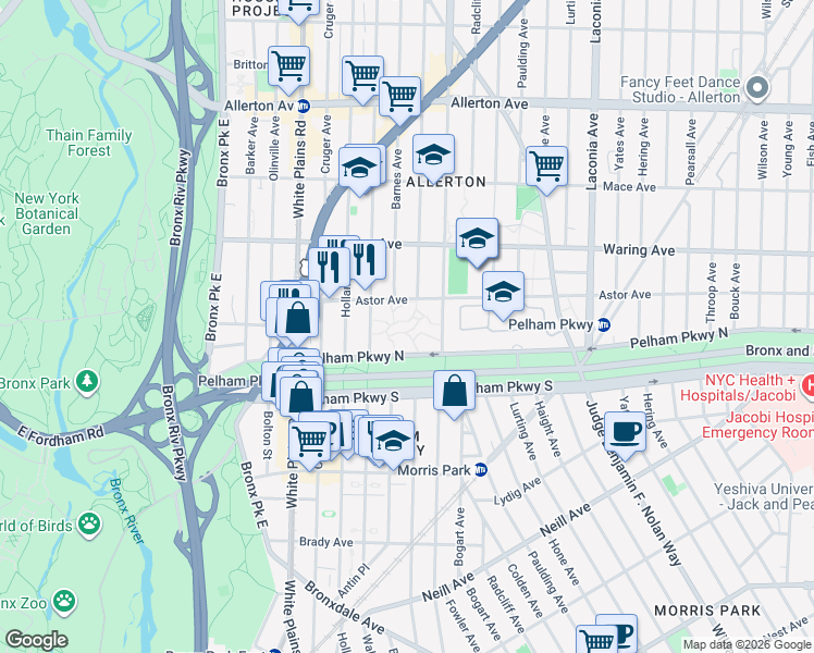 map of restaurants, bars, coffee shops, grocery stores, and more near 815 Pelham Parkway North in The Bronx