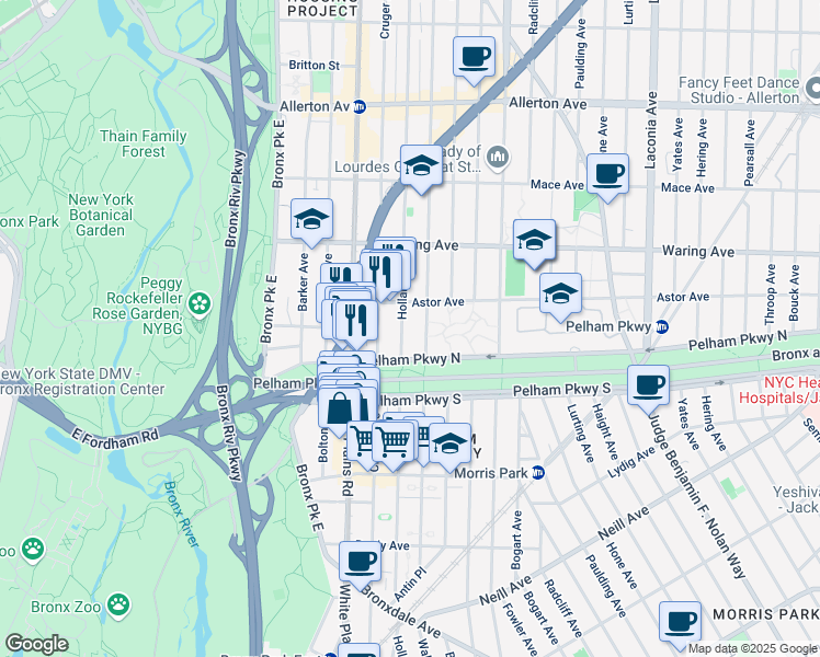 map of restaurants, bars, coffee shops, grocery stores, and more near 2215 Holland Avenue in The Bronx