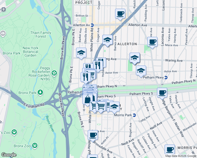 map of restaurants, bars, coffee shops, grocery stores, and more near 2215 Holland Avenue in The Bronx