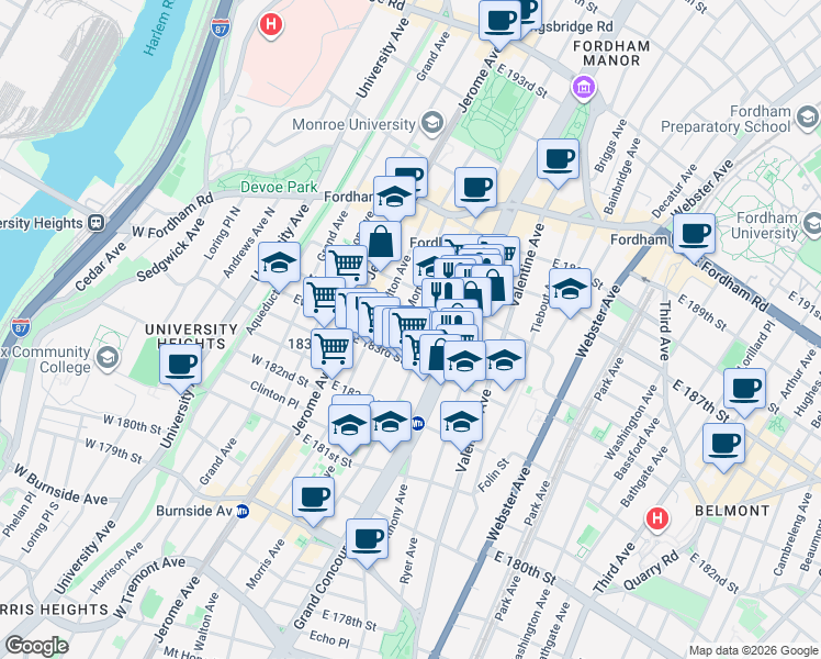 map of restaurants, bars, coffee shops, grocery stores, and more near 2316 Creston Avenue in Bronx
