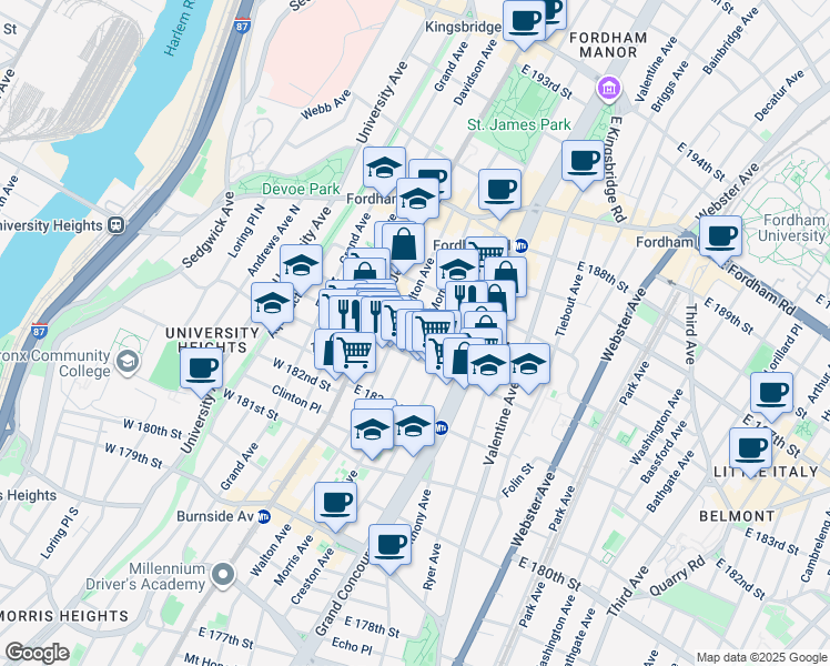 map of restaurants, bars, coffee shops, grocery stores, and more near 2301 Morris Avenue in Bronx