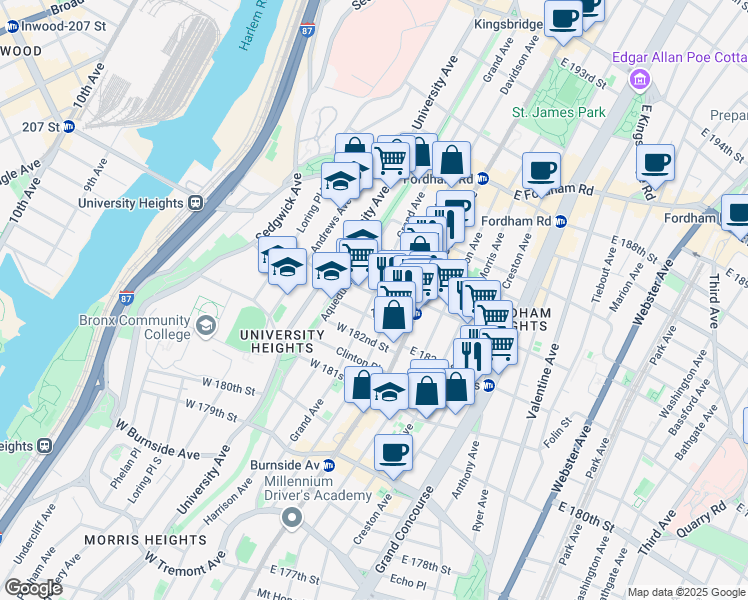 map of restaurants, bars, coffee shops, grocery stores, and more near 2265 Davidson Avenue in Bronx