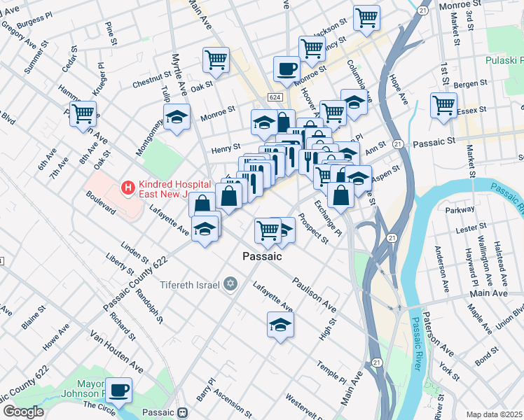 map of restaurants, bars, coffee shops, grocery stores, and more near 226 Gregory Avenue in Passaic
