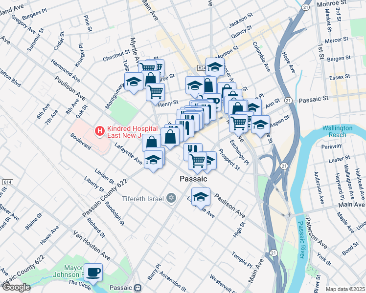 map of restaurants, bars, coffee shops, grocery stores, and more near 251 Gregory Avenue in Passaic