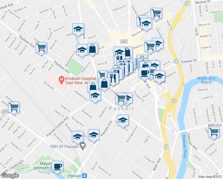 map of restaurants, bars, coffee shops, grocery stores, and more near 2 Paulison Avenue in Passaic