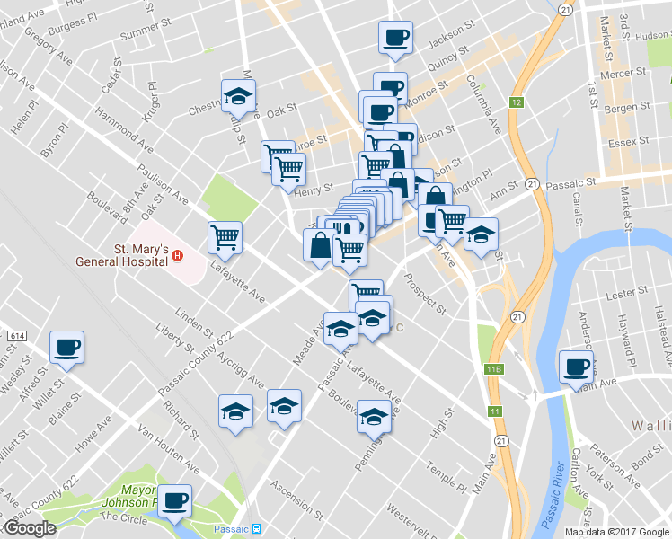 map of restaurants, bars, coffee shops, grocery stores, and more near 251 Gregory Avenue in Passaic