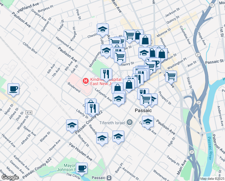 map of restaurants, bars, coffee shops, grocery stores, and more near 309 Paulison Avenue in Passaic