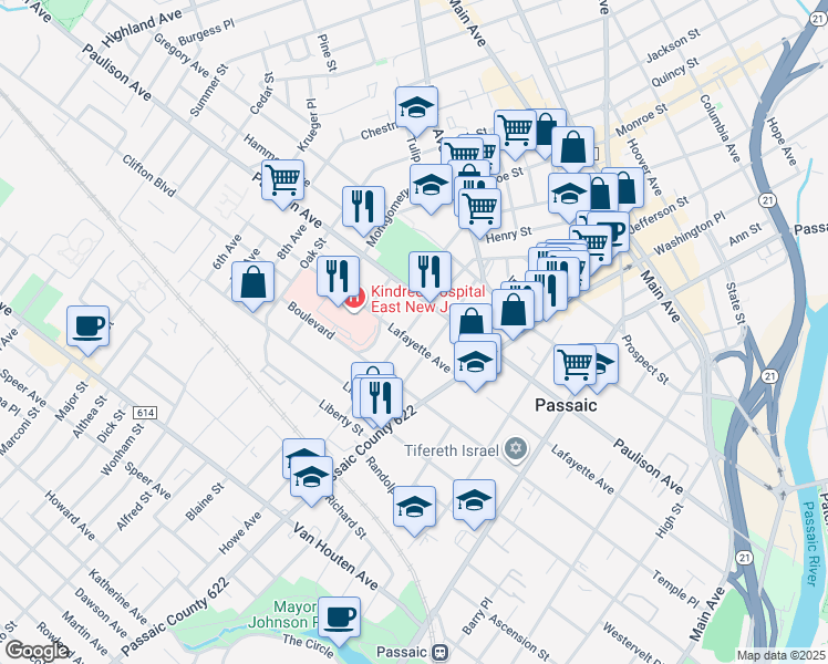 map of restaurants, bars, coffee shops, grocery stores, and more near 354 Lafayette Avenue in Passaic