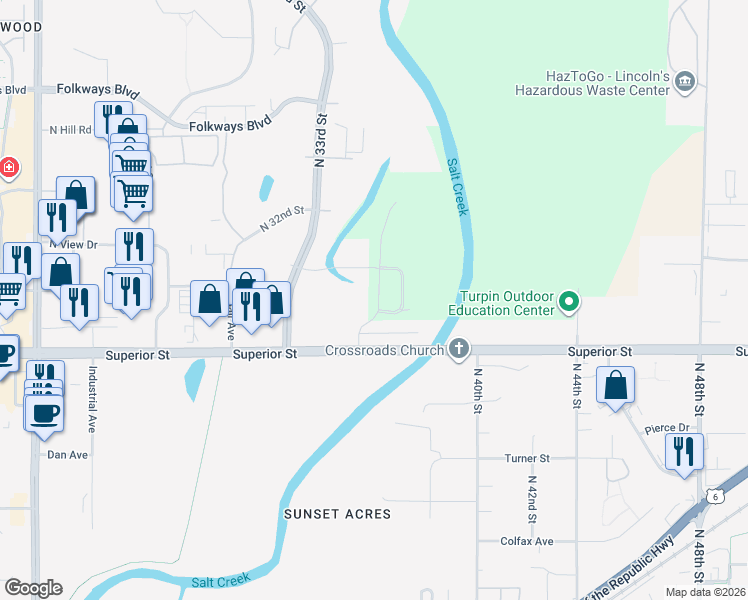 map of restaurants, bars, coffee shops, grocery stores, and more near 4688 North 35th Street in Lincoln