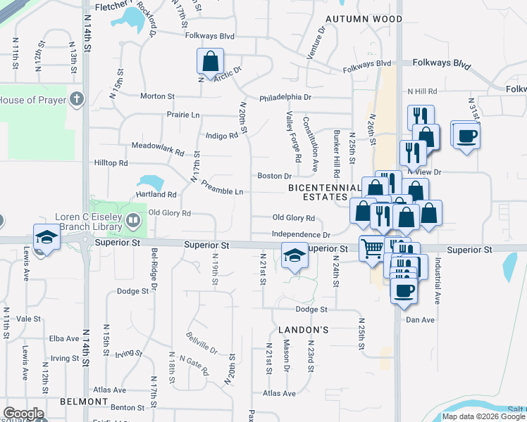 map of restaurants, bars, coffee shops, grocery stores, and more near 2025 Old Glory Road in Lincoln