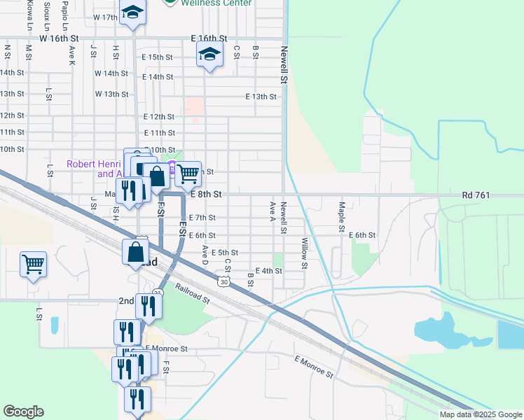 map of restaurants, bars, coffee shops, grocery stores, and more near 618-620 East 7th Street in Cozad