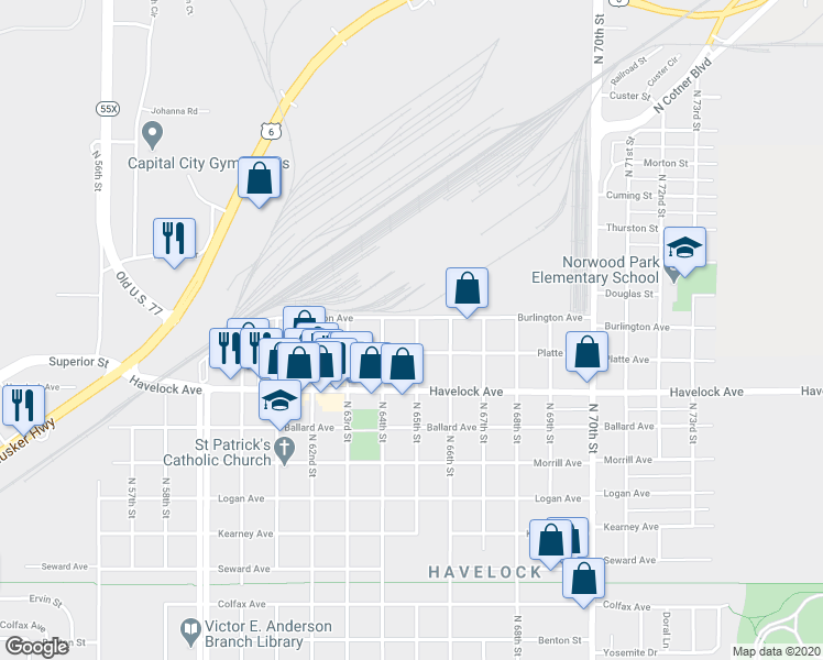 map of restaurants, bars, coffee shops, grocery stores, and more near 4533 North 65th Street in Lincoln