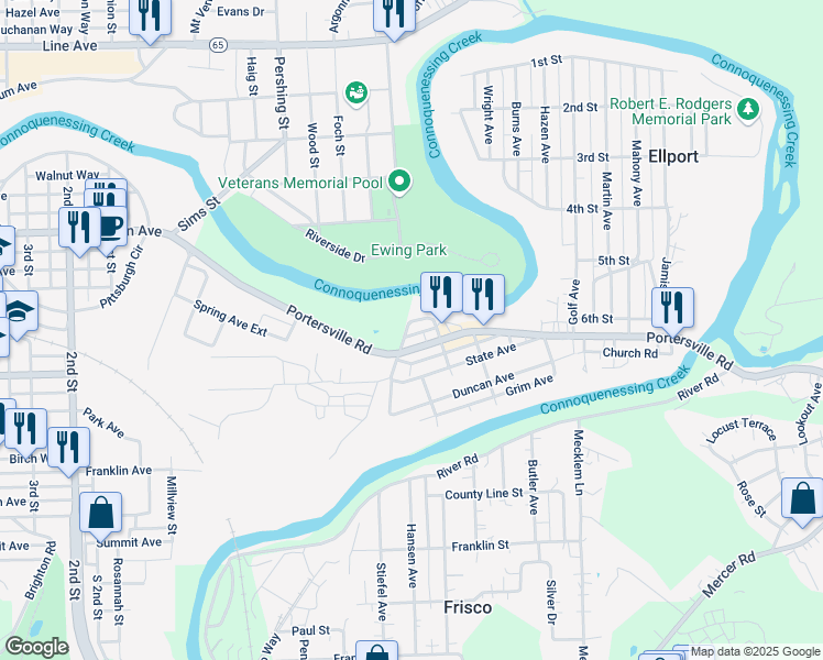 map of restaurants, bars, coffee shops, grocery stores, and more near 140 Portersville Road in Ellwood City