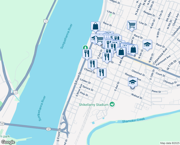 map of restaurants, bars, coffee shops, grocery stores, and more near 156 Walnut Street in Sunbury