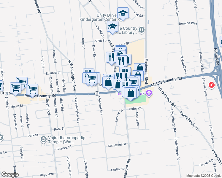 map of restaurants, bars, coffee shops, grocery stores, and more near 2043 Middle Country Road in Centereach