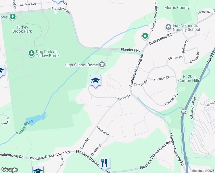 map of restaurants, bars, coffee shops, grocery stores, and more near 18 Corey Road in Mount Olive Township