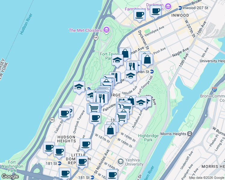 map of restaurants, bars, coffee shops, grocery stores, and more near 1 Hillside Avenue in New York