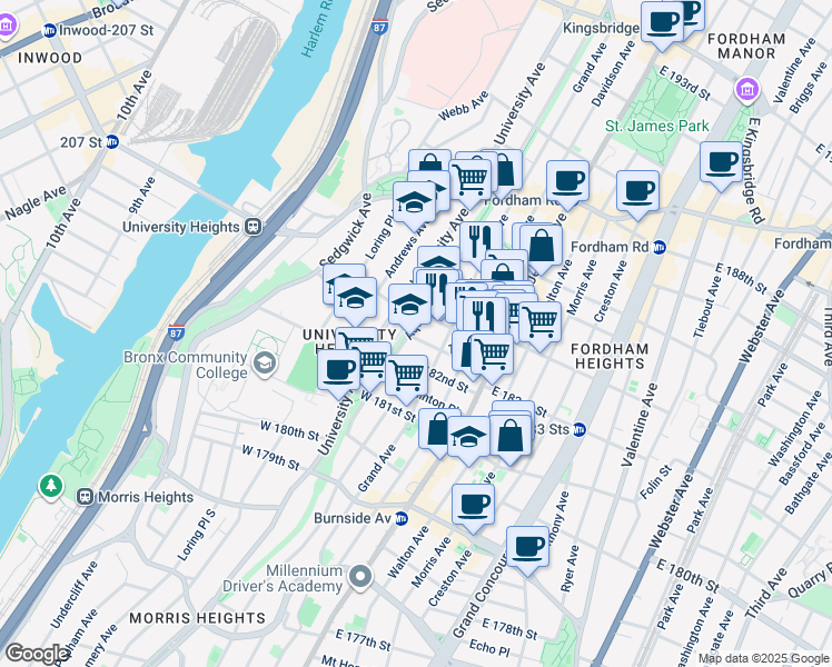 map of restaurants, bars, coffee shops, grocery stores, and more near 2250 Aqueduct Avenue East in The Bronx