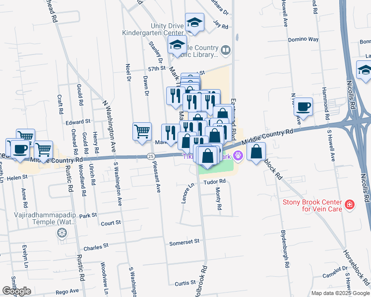 map of restaurants, bars, coffee shops, grocery stores, and more near 2082 Middle Country Road in Centereach