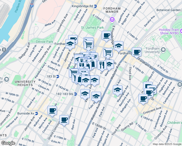 map of restaurants, bars, coffee shops, grocery stores, and more near in The Bronx