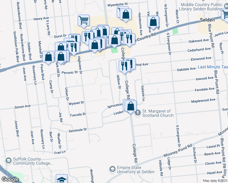 map of restaurants, bars, coffee shops, grocery stores, and more near 38 Willow Street in Selden