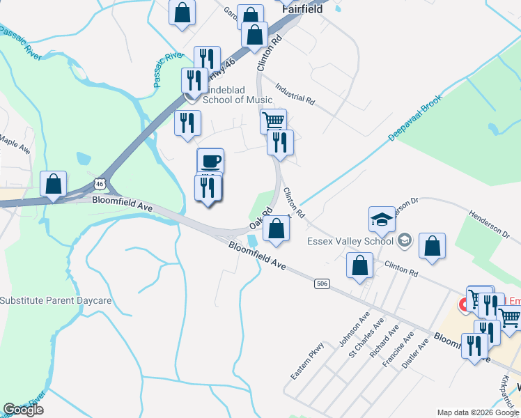 map of restaurants, bars, coffee shops, grocery stores, and more near 5 Oak Road in Fairfield