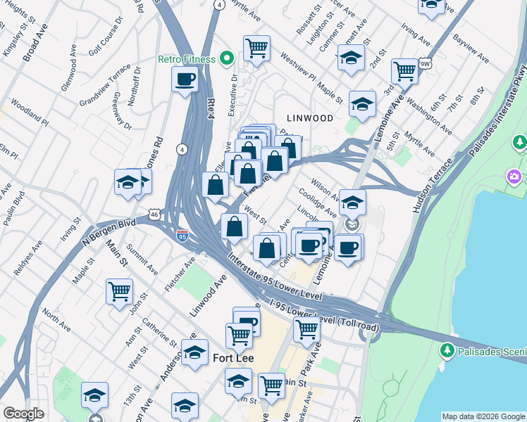 map of restaurants, bars, coffee shops, grocery stores, and more near 2160 South Street in Fort Lee