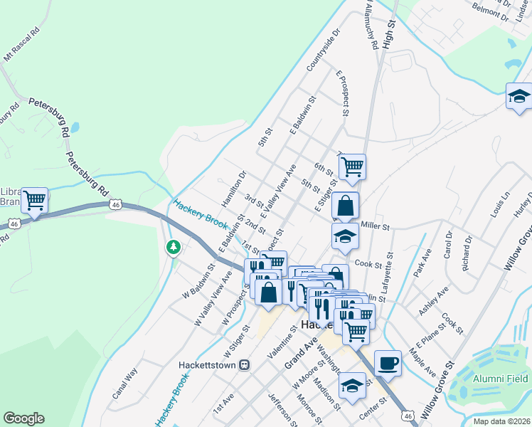 map of restaurants, bars, coffee shops, grocery stores, and more near 304 East Valley View Avenue in Hackettstown