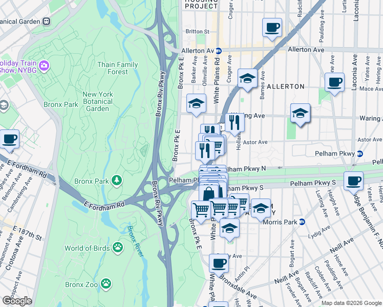 map of restaurants, bars, coffee shops, grocery stores, and more near Barker Avenue & Thwaites Place in Bronx