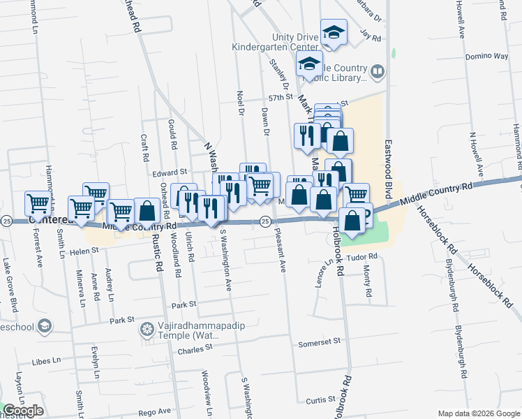 map of restaurants, bars, coffee shops, grocery stores, and more near 2135 Middle Country Road in Centereach