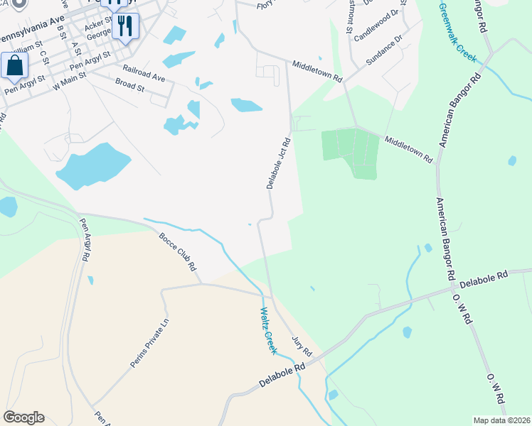 map of restaurants, bars, coffee shops, grocery stores, and more near 1091 Delabole Junction Road in Pen Argyl