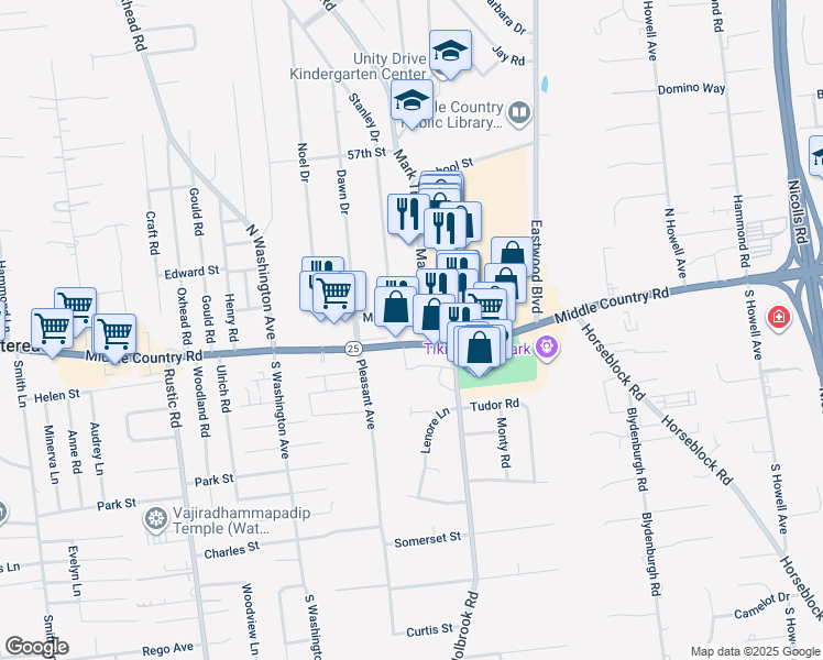 map of restaurants, bars, coffee shops, grocery stores, and more near 2043 Middle Country Road in Centereach