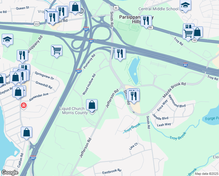 map of restaurants, bars, coffee shops, grocery stores, and more near 5 Wood Hollow Road in Parsippany-Troy Hills