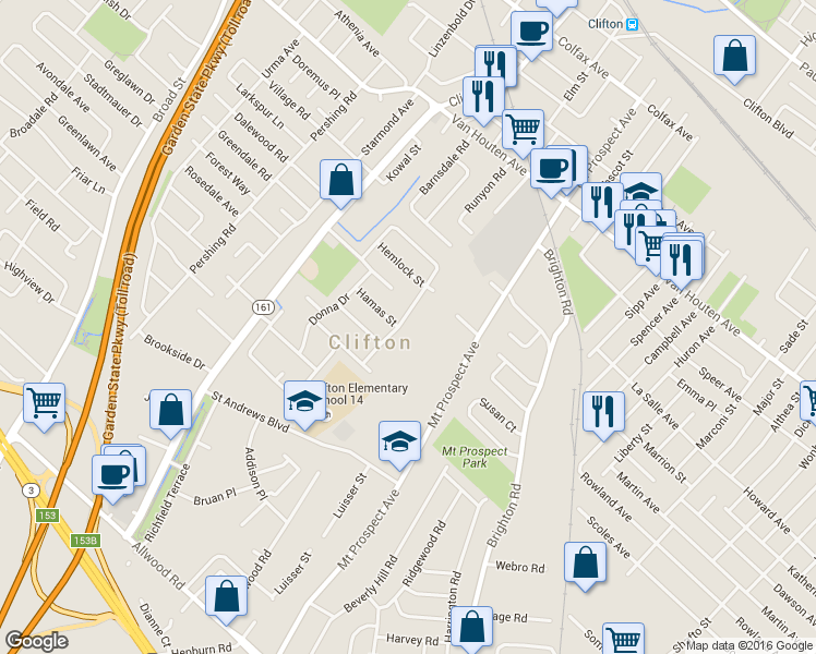 map of restaurants, bars, coffee shops, grocery stores, and more near 150 Oakridge Road in Clifton